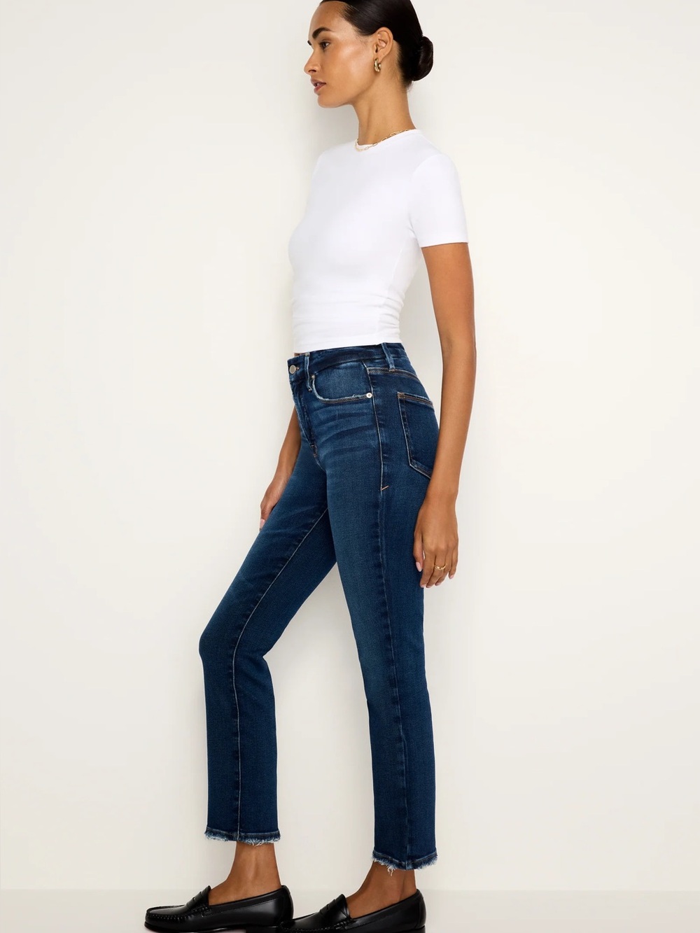 Good American Indigo Straight-Leg Jeans with Frayed Hem